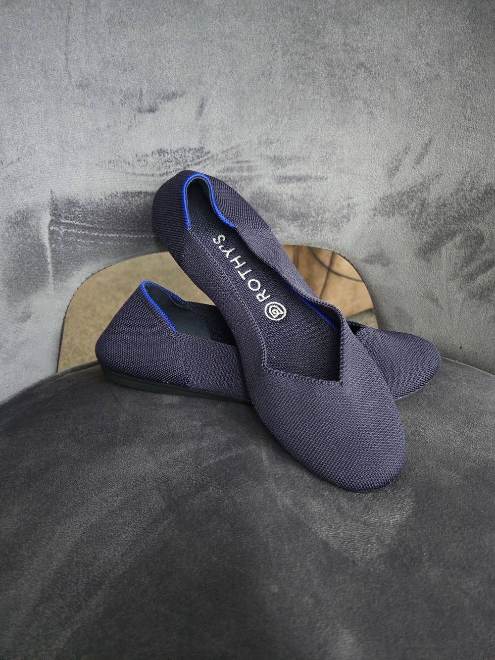 Rothy's Navy Knit Slip-On Flats with Bright Blue Piping